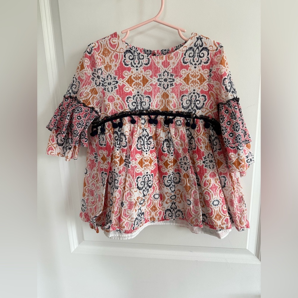 Pastourelle Pink and Orange Bohemian Blouse with Lace Trim
